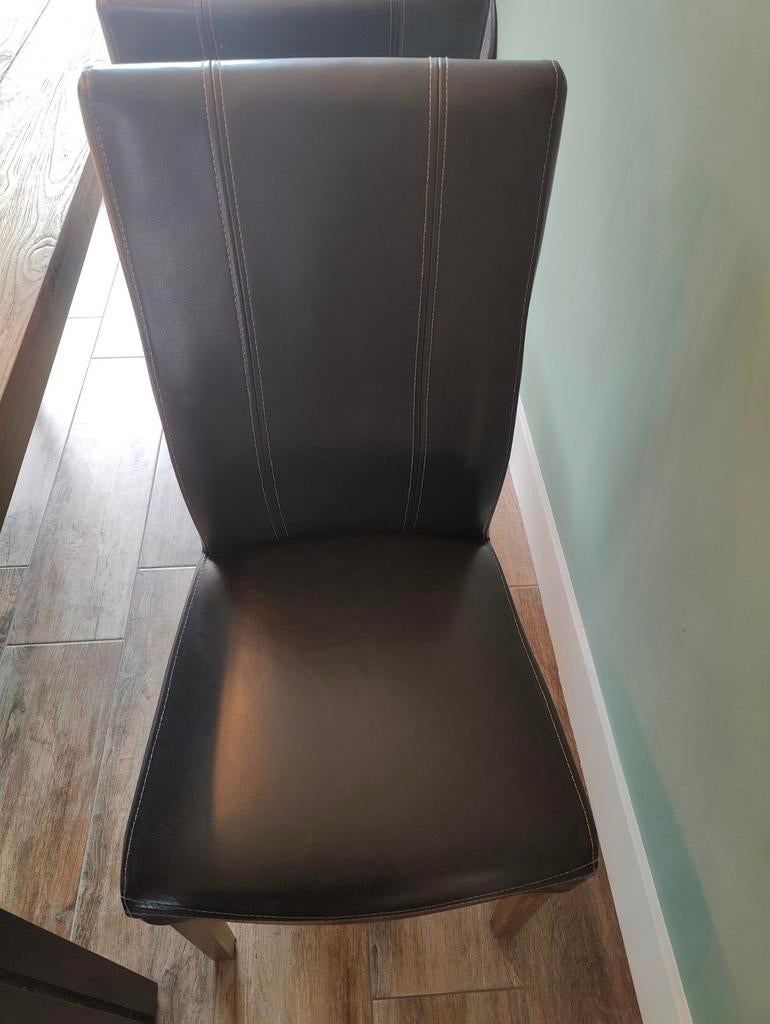 Set van 5 gebruikte zwarte leren eetkamerstoelen + tafel, Ophalen, Gebruikt, Zwart, Leer