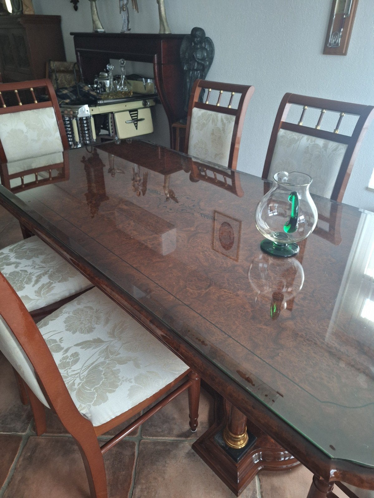 Luxe eettafel met glazen blad en 6 stoelen, 100 tot 150 cm, Glas, Zo goed als nieuw, 150 tot 200 cm