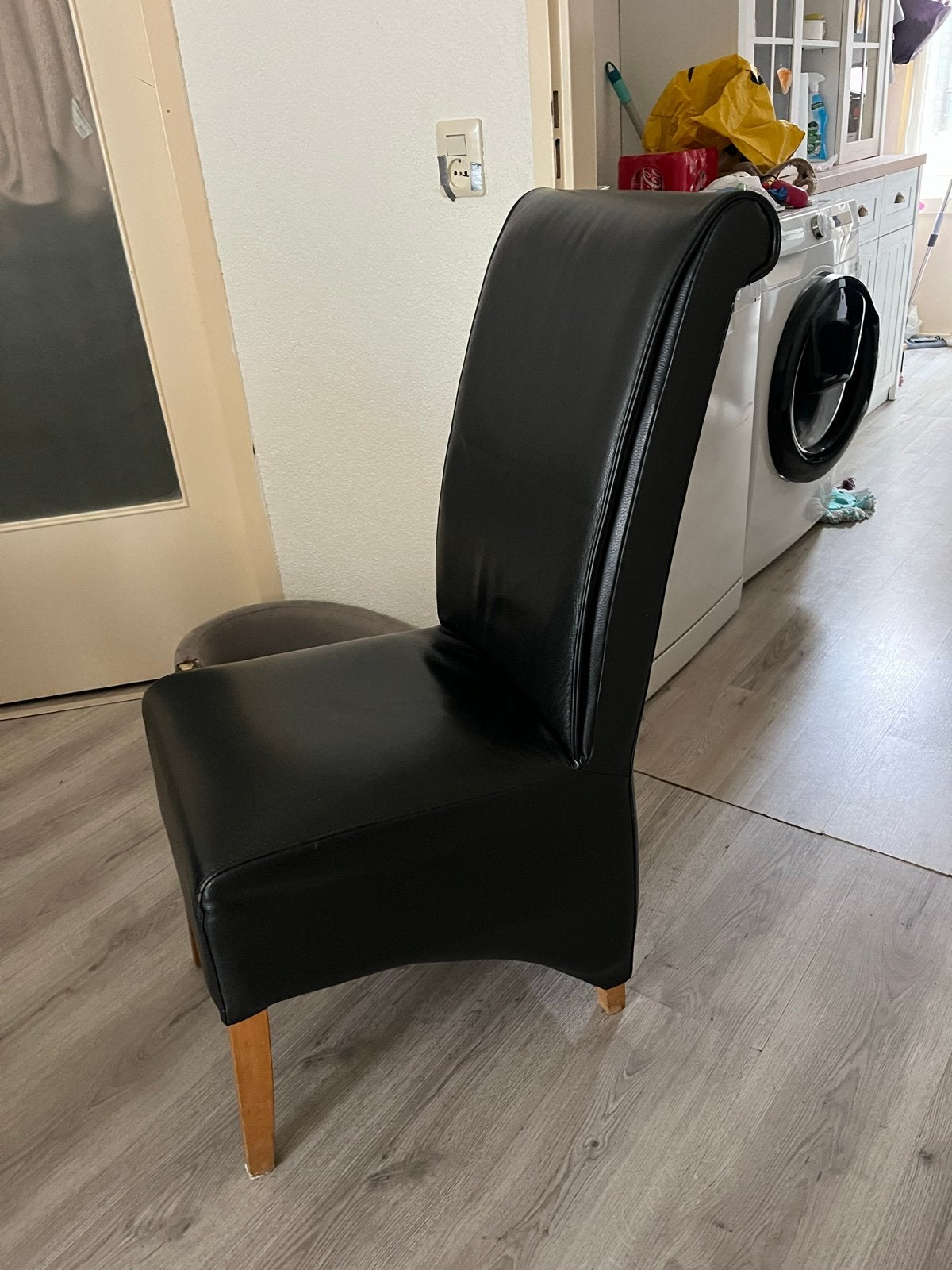 4 zwarte lederen eetkamerstoelen, Ophalen, Gebruikt, Zwart, Leer