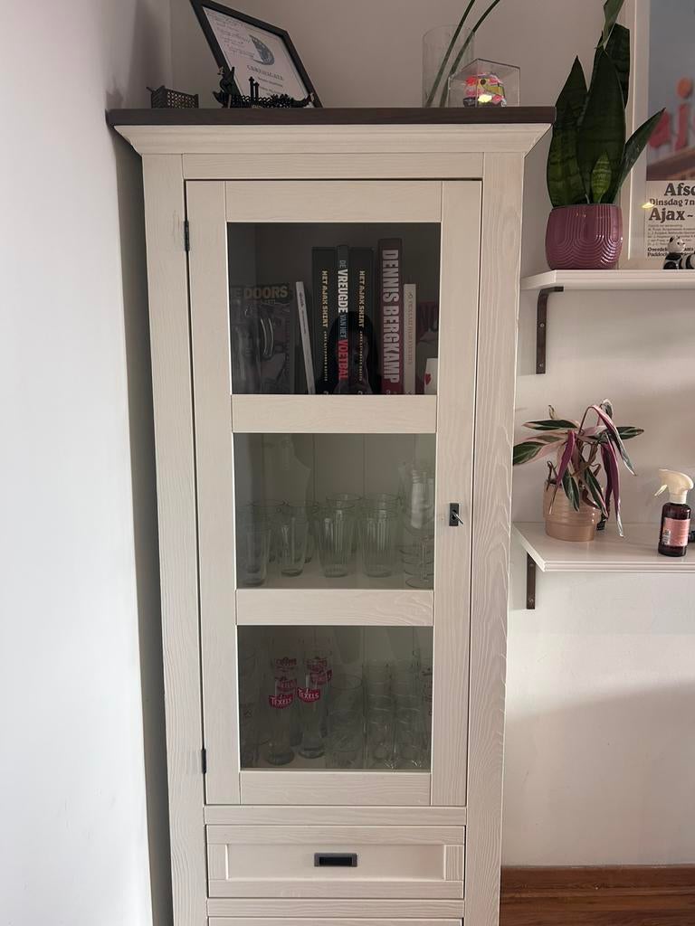 Haco Toulouse beige/bruin vitrinekast en salontafel, Huis en Inrichting, Kasten | Vitrinekasten, Ophalen, 50 tot 100 cm, Zo goed als nieuw