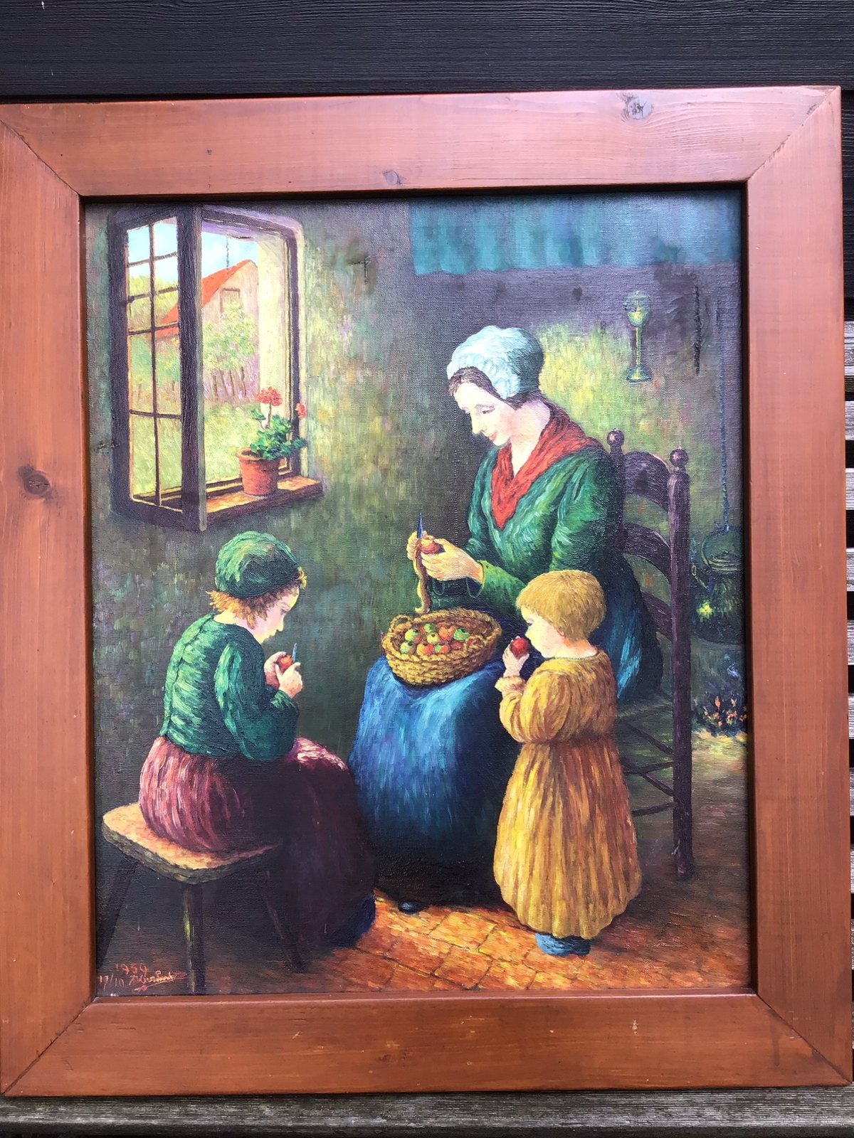Oud schilderij- olie op doek- huiselijk tafereel-gesigneerd, Ophalen of Verzenden