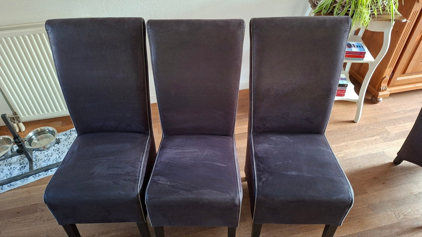 6 zwarte suède tafel stoelen, Huis en Inrichting, Stoelen, Ophalen, Gebruikt, Zwart, Stof