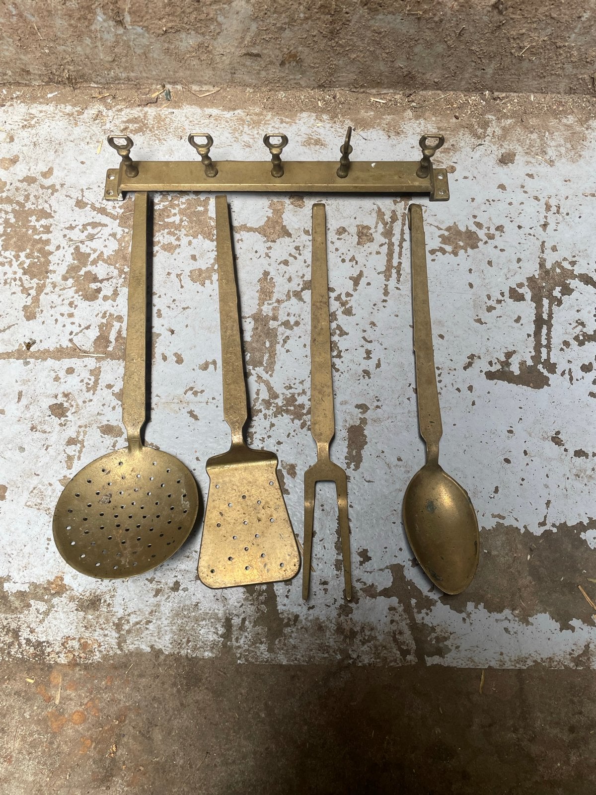 Vintage Messing Keukengerei Set met Ophangrek, Ophalen
