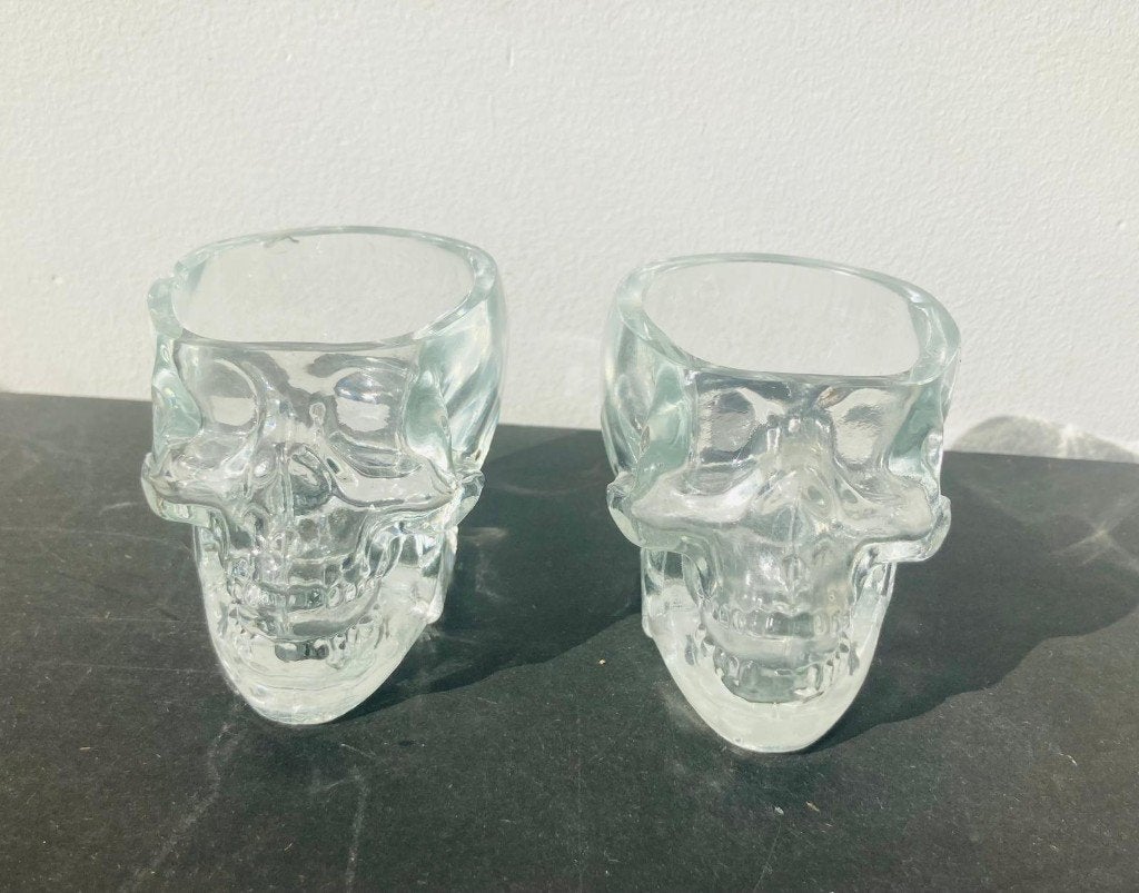 Shotglazen schedel set 2 stuks glazen skull shot glasses, Verzamelen, Ophalen of Verzenden, Gebruikt, Borrel- of Shotglas
