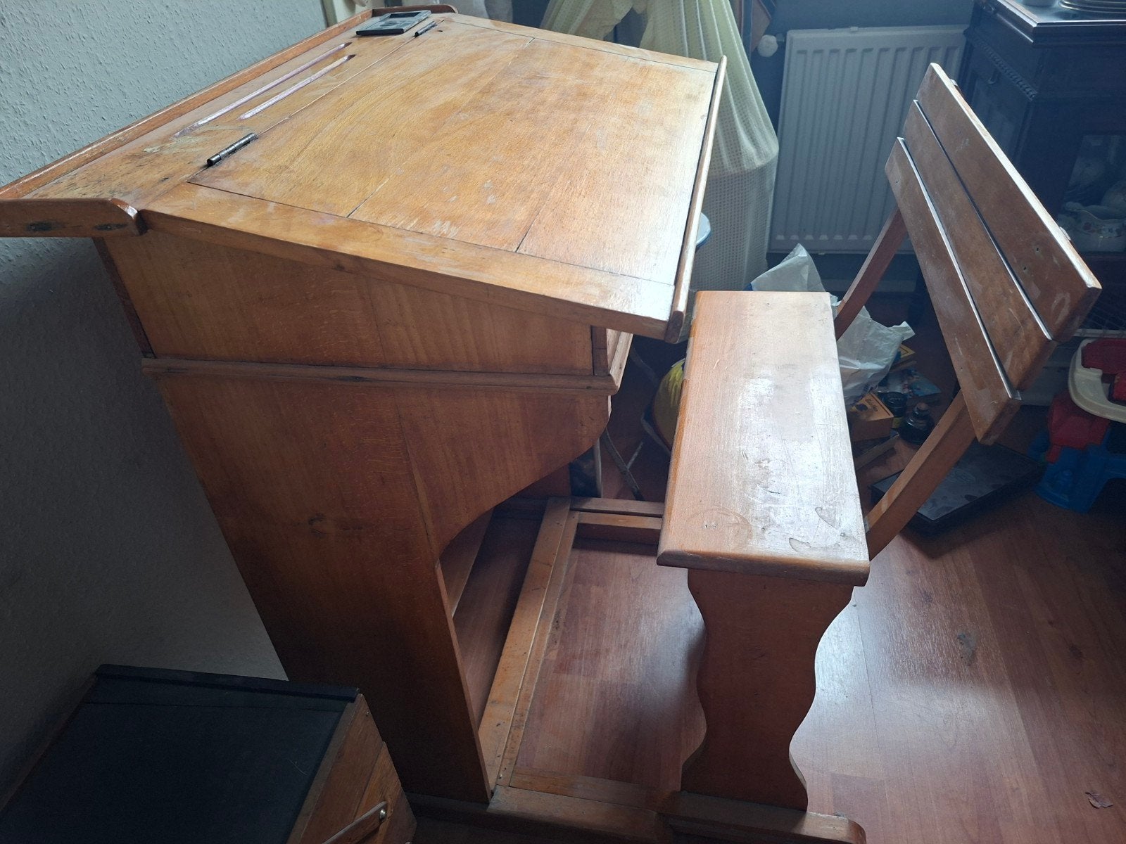 Vintage houten schoolbank met bankje, Ophalen