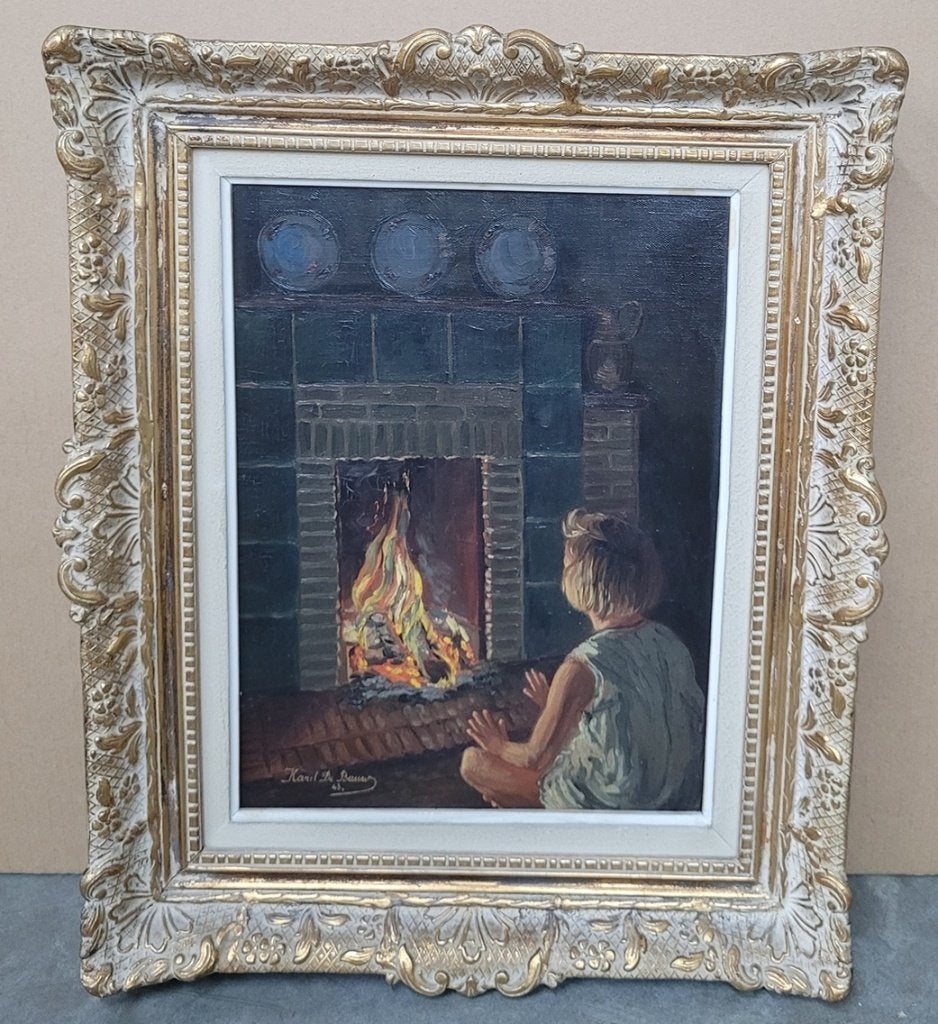 Karel DE BAUW, meisje bij de haard, Ophalen of Verzenden