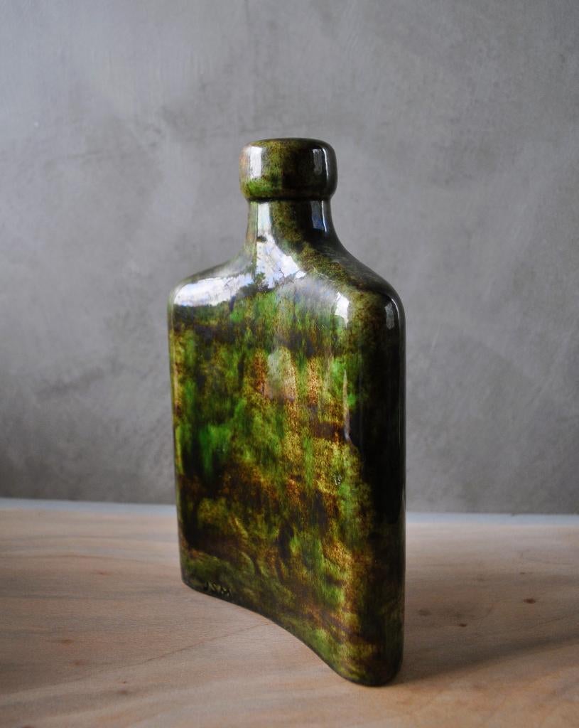 Vintage Groene Platte Fles Flask 20 cm, Ophalen of Verzenden