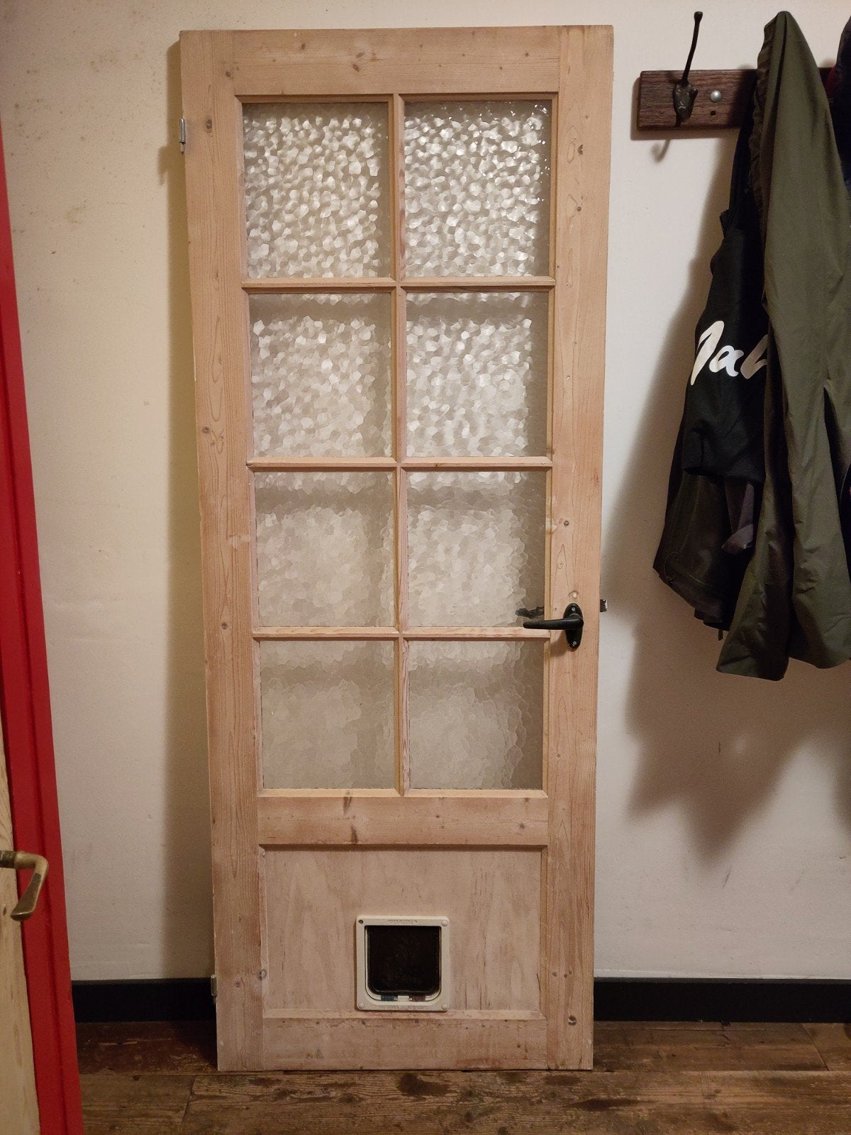 Mooie blank houten deur, met kattenluik en glas, Ophalen, Minder dan 80 cm, Binnendeur, 200 tot 215 cm