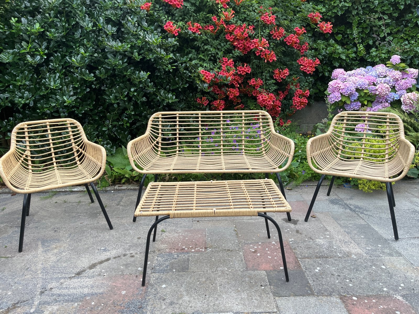 Compacte tuinset: bankje, tafeltje en 2 stoelen, Tuin en Terras, Tuinsets en Loungesets, Ophalen, 4 zitplaatsen, Gebruikt, Rotan
