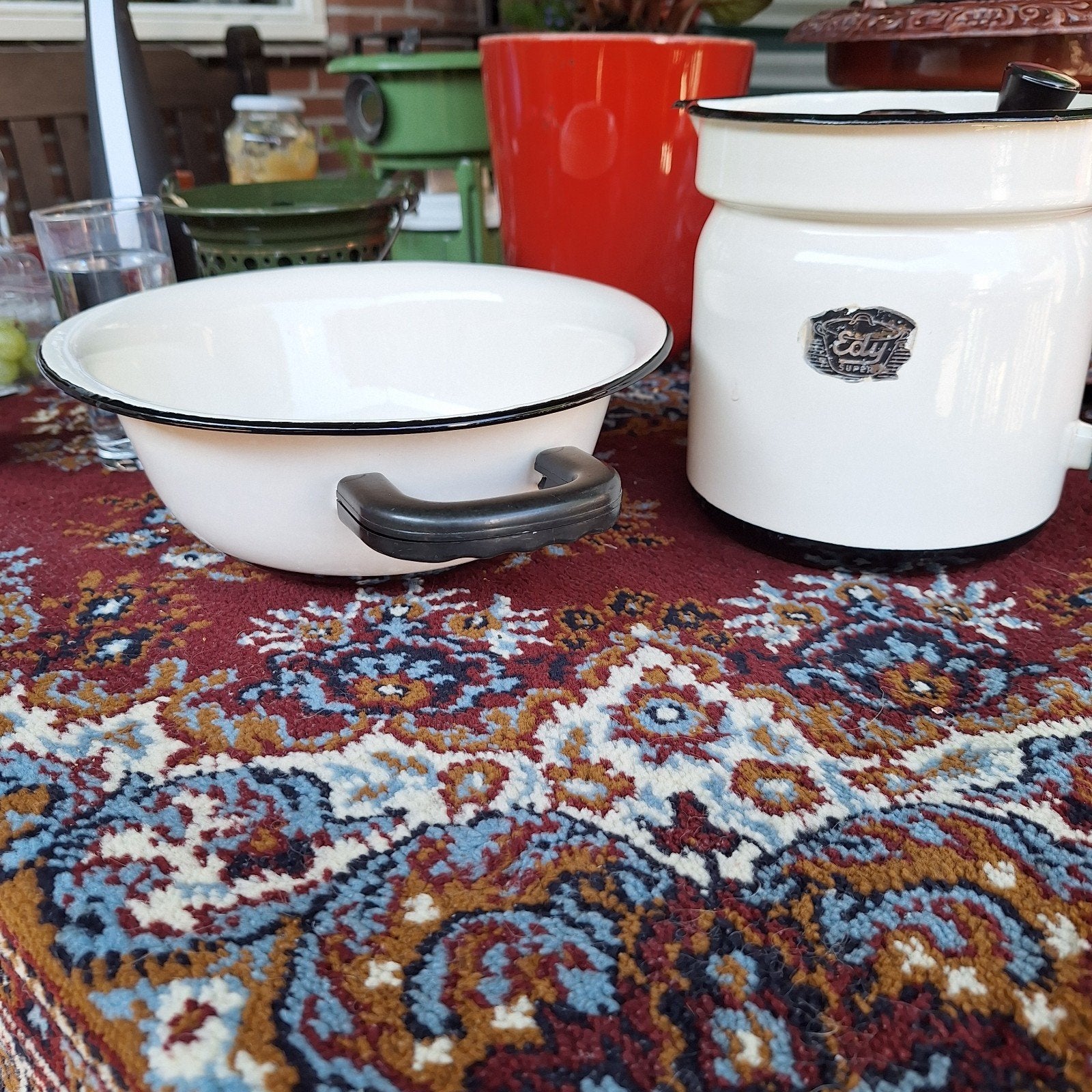 Vintage Emaille Vergiet en Voorraadpot - Crème/Zwart, Ophalen of Verzenden