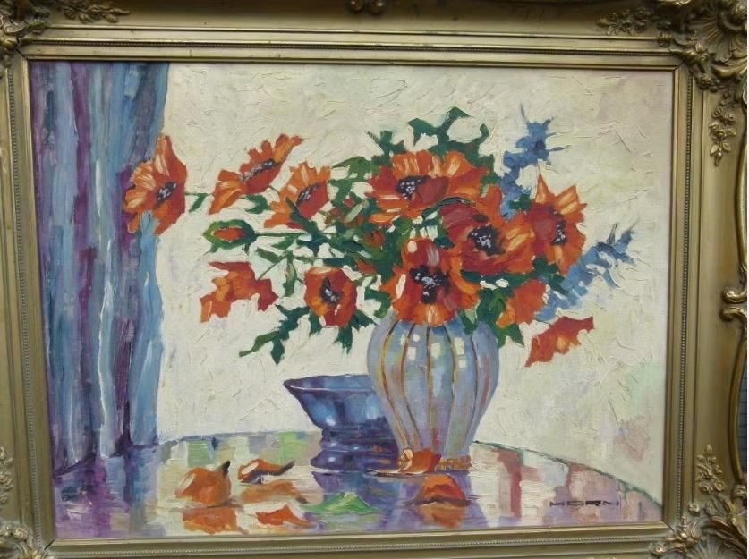 vintage stilleven schilderij 50er Horn, Antiek en Kunst, Kunst | Schilderijen | Klassiek, Ophalen, Doek, Stilleven, Gesigneerd