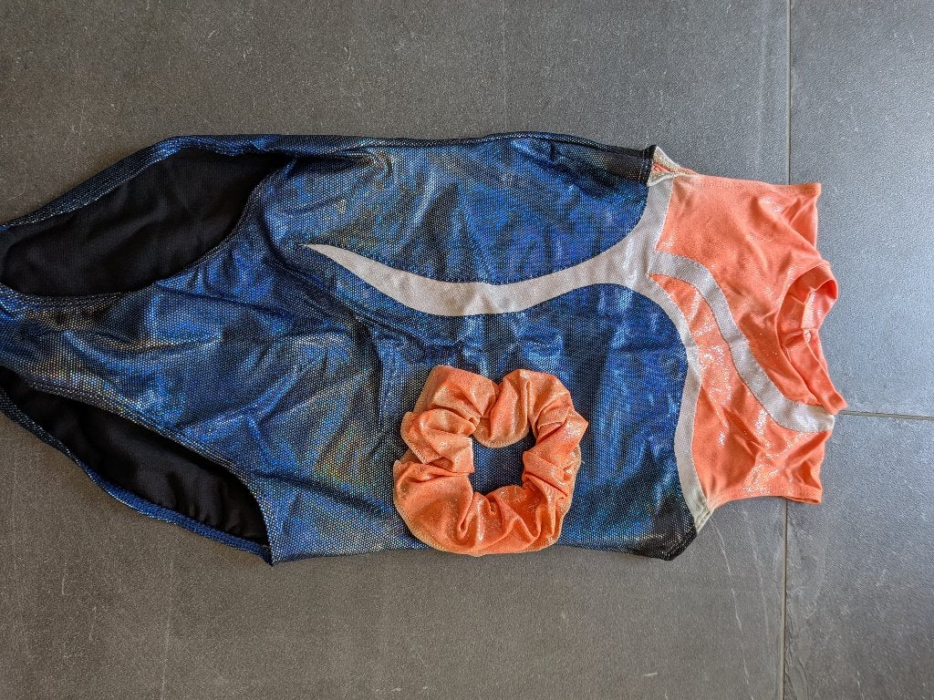Turnpakje oranje-blauw maat 34, Gebruikt, Blauw, Maat 36 t/m 42, Ophalen of Verzenden
