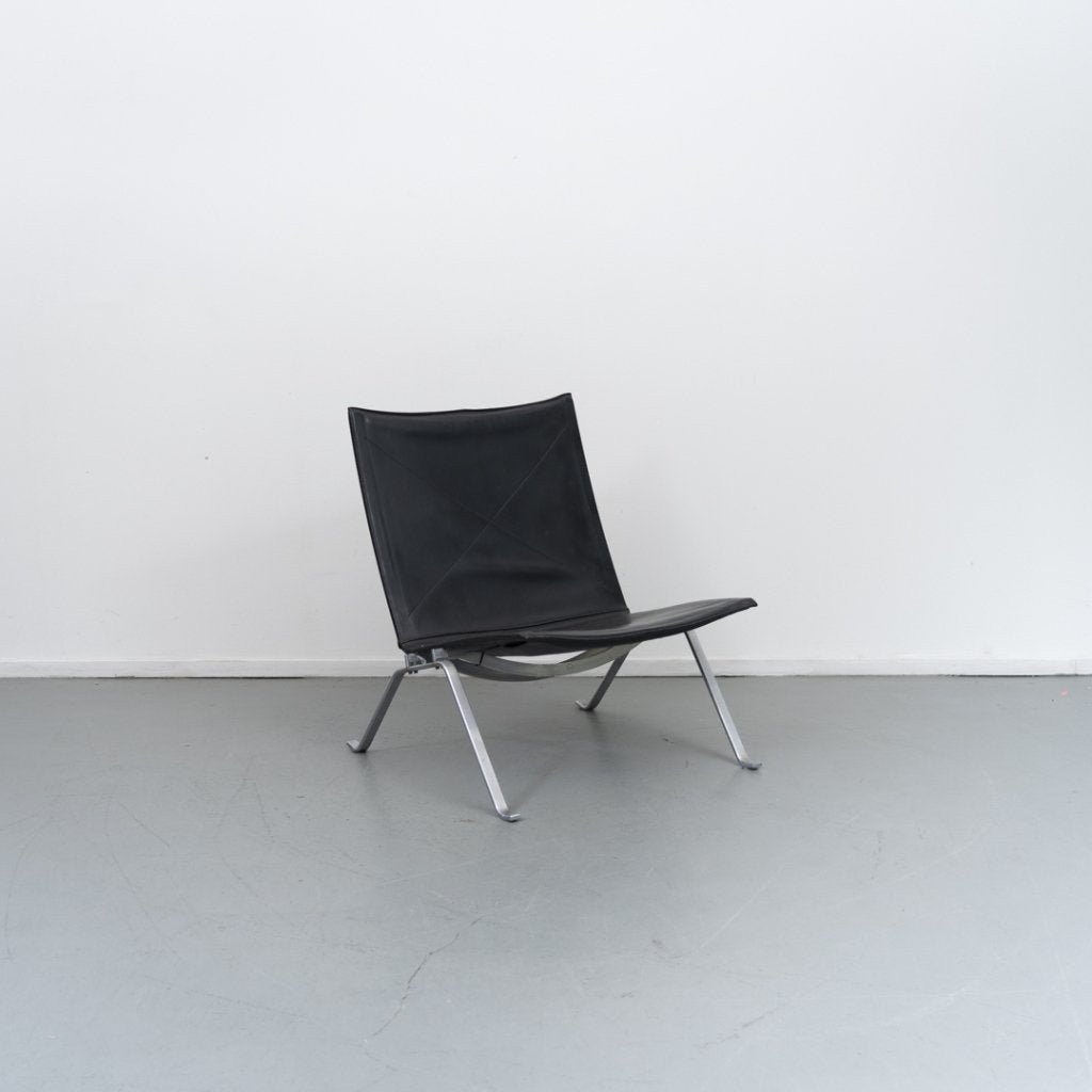 4 Fritz Hansen PK22 Fauteuil Zwart Leer - Staal, Niet ingevuld, Gebruikt, Minder dan 75 cm, Niet ingevuld