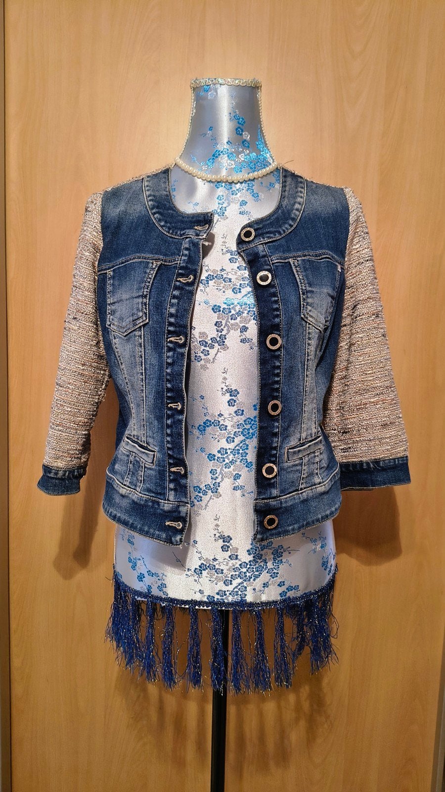 Kocca spijkerjasje met tweed mouwen - Maat S, Blauw, Kocca, Ophalen of Verzenden, Zo goed als nieuw