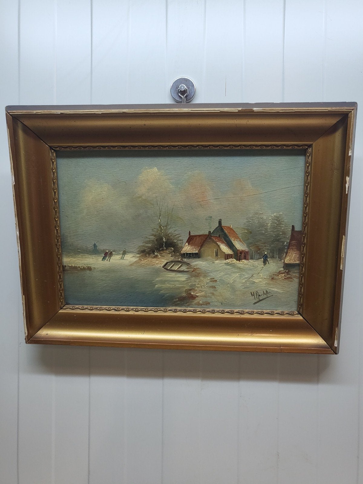 Winterlandschap met schaatsers en huisjes, gesigneerd, Ophalen of Verzenden