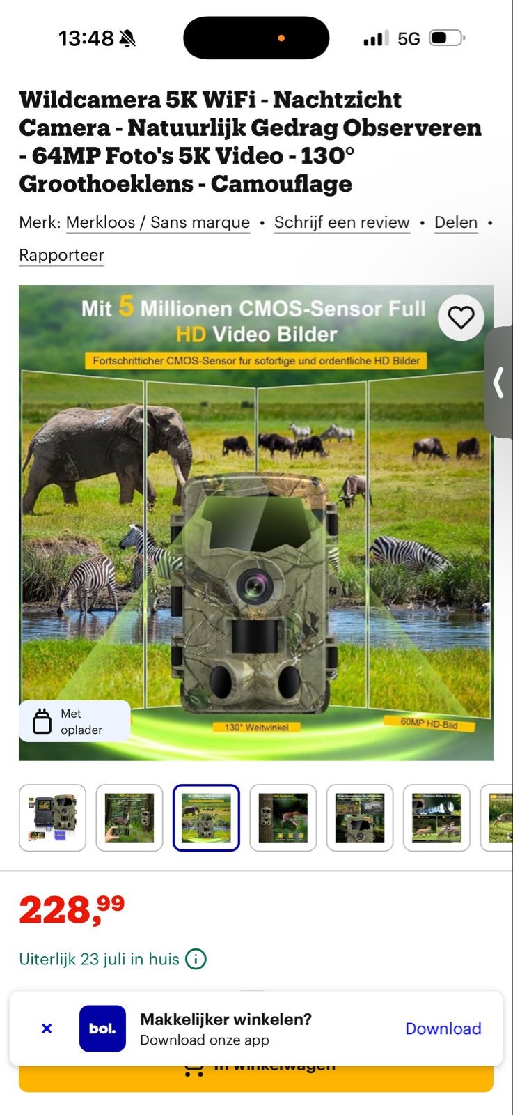 Wildcamera 5K WiFi Nachtzicht 64MP Groothoeklens nieuw, Oplader, Wildcamera, Nieuw, Ophalen of Verzenden