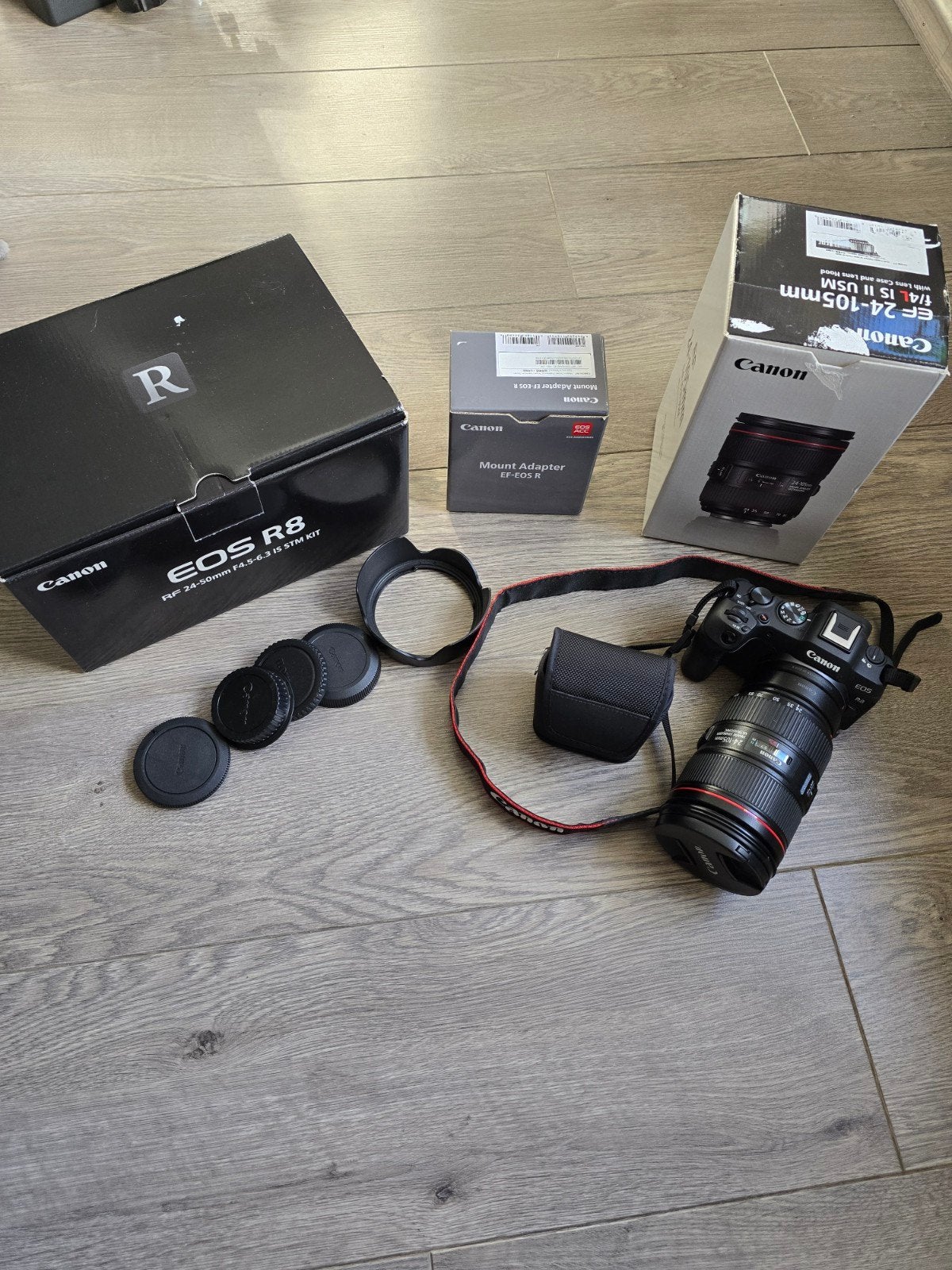Canon EOS R8 + RF 24-105mm f/4L + accessoires (topstaat), Audio, Tv en Foto, Fotografie | Lenzen en Objectieven, Ophalen, Zo goed als nieuw