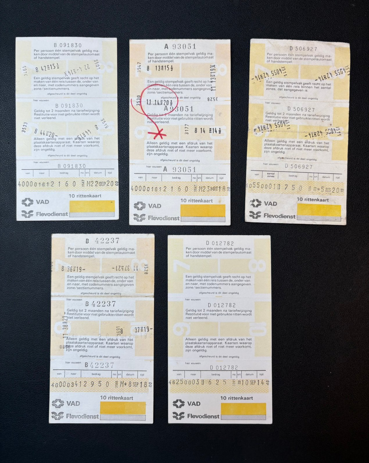 Vijf 10-rittenkaarten VAD/Flevodienst, Verzamelen, Ophalen of Verzenden, Gebruikt, Bus of Metro