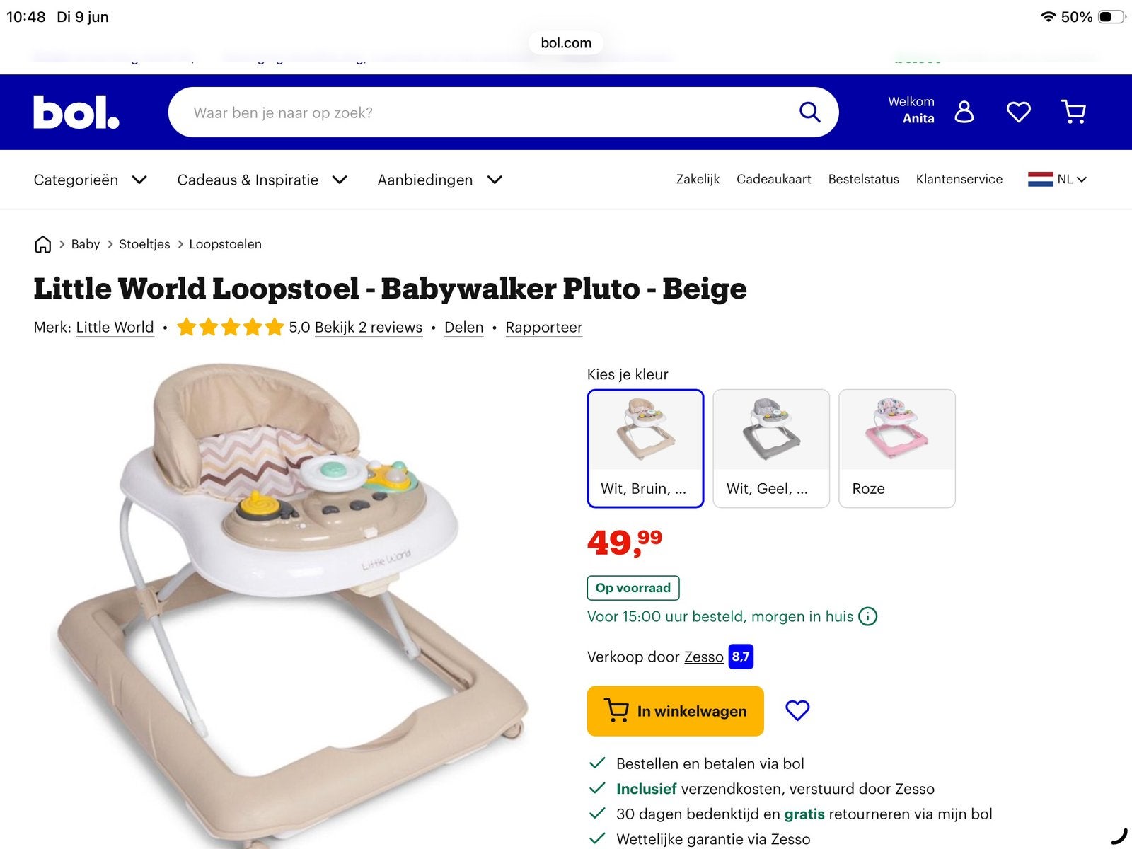 Little World loopstoel babywalker Pluto Beige, Ophalen, Zo goed als nieuw