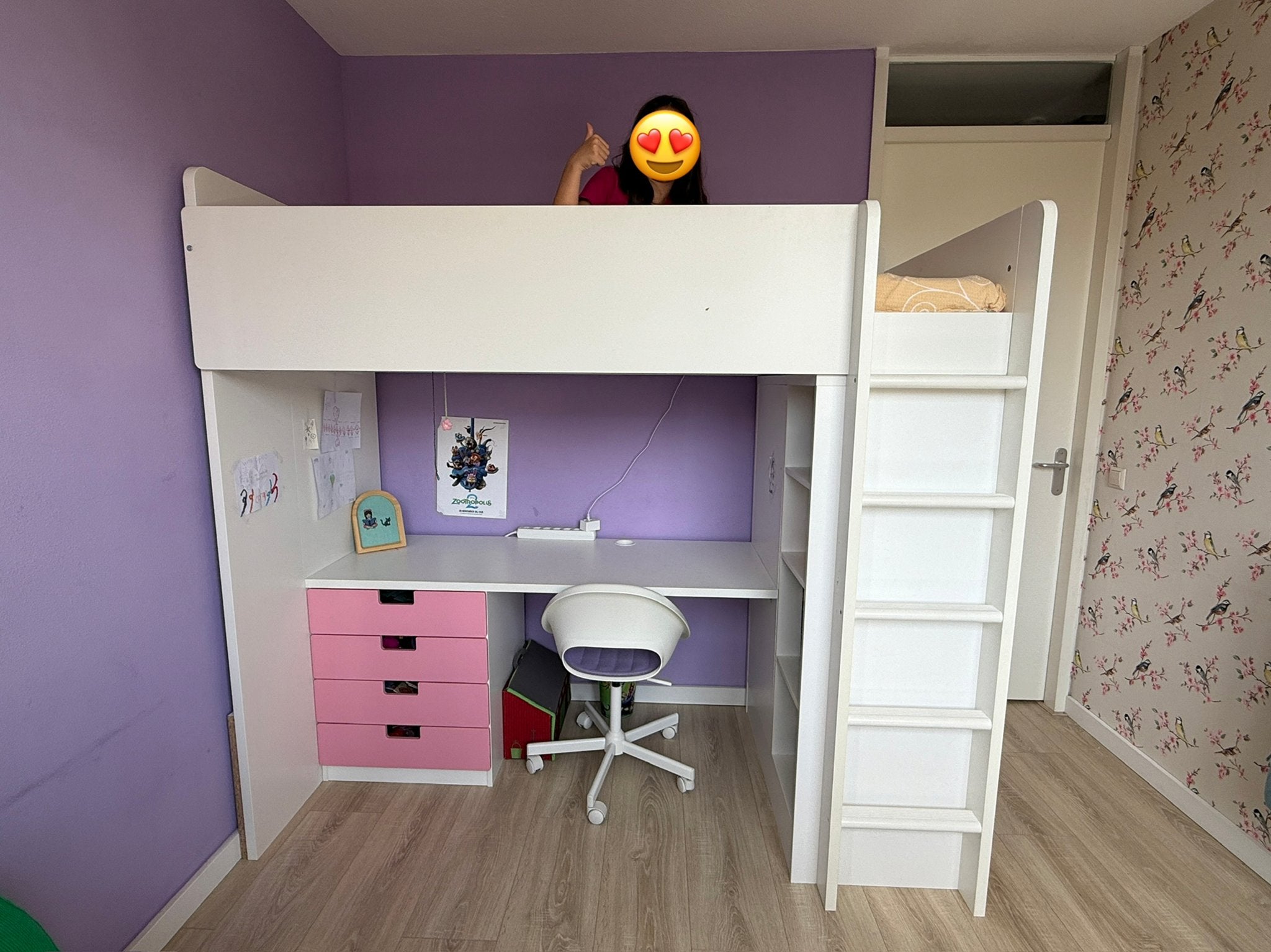 Ikea Hoogslaper met bureau, kast en lades - Wit/Roze, Ophalen, Gebruikt, Eenpersoons, 200 cm