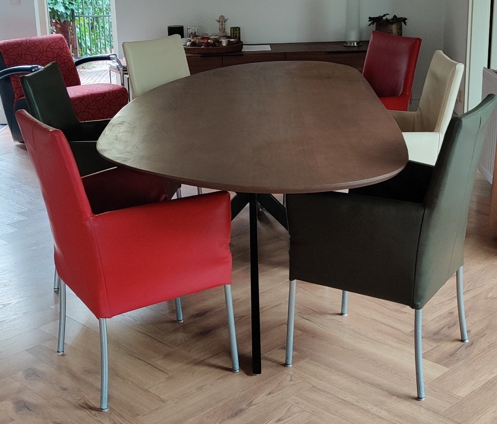 6 Eetkamerstoelen (2 antraciet, 2 rood, 2 off white)), Huis en Inrichting, Stoelen, Ophalen, Gebruikt, Overige kleuren, Leer