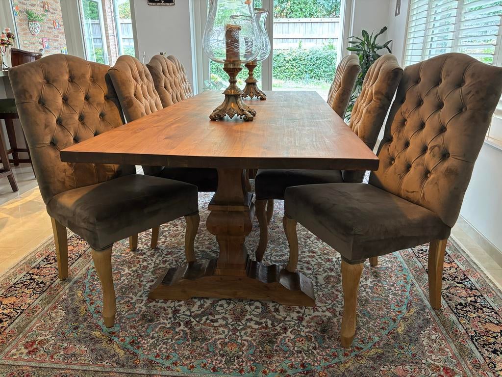 Massief houten eettafel met 8 stoelen, Ophalen, 200 cm of meer, 50 tot 100 cm, Zo goed als nieuw