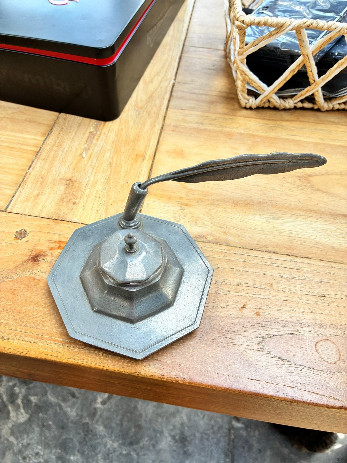 Antieke tinnen inktpot met veerpen - Real Dutch Pewter, Ophalen