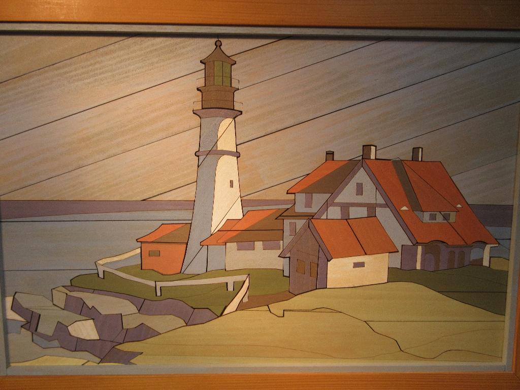 Houten houtsnijwerk schilderij strand met vuurtoren, Huis en Inrichting, Minder dan 50 cm, Gebruikt, Ophalen of Verzenden, Schilderij