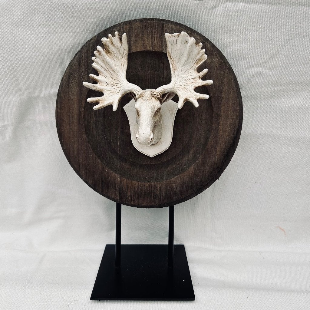 Beeld Eland kop Polyresin houten ondergrond metalen staander, Ophalen of Verzenden