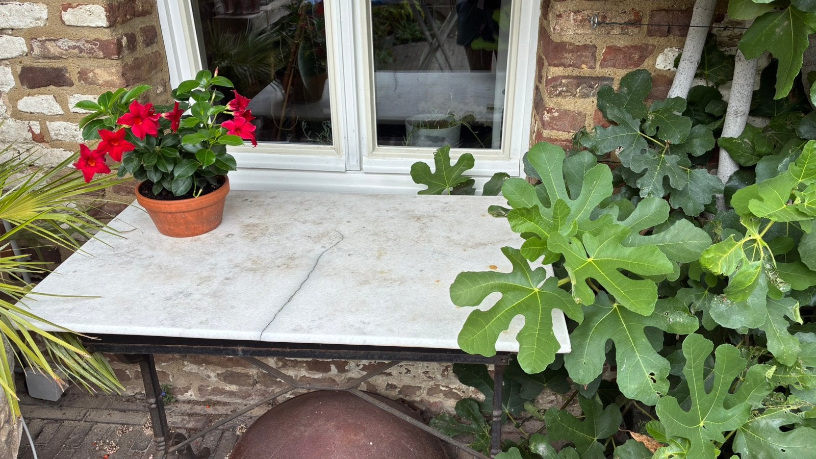 Tuintafel met marmer blad en ijzer onderstel!, Ophalen, Gebruikt, Rechthoekig, Overige materialen