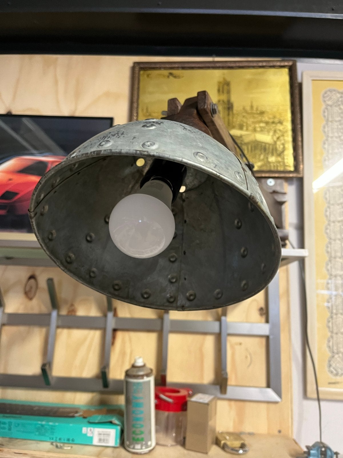 Vintage Houten Schaarwandlamp met Zinken Kap (Jaren '50/'60), Huis en Inrichting, Ophalen of Verzenden