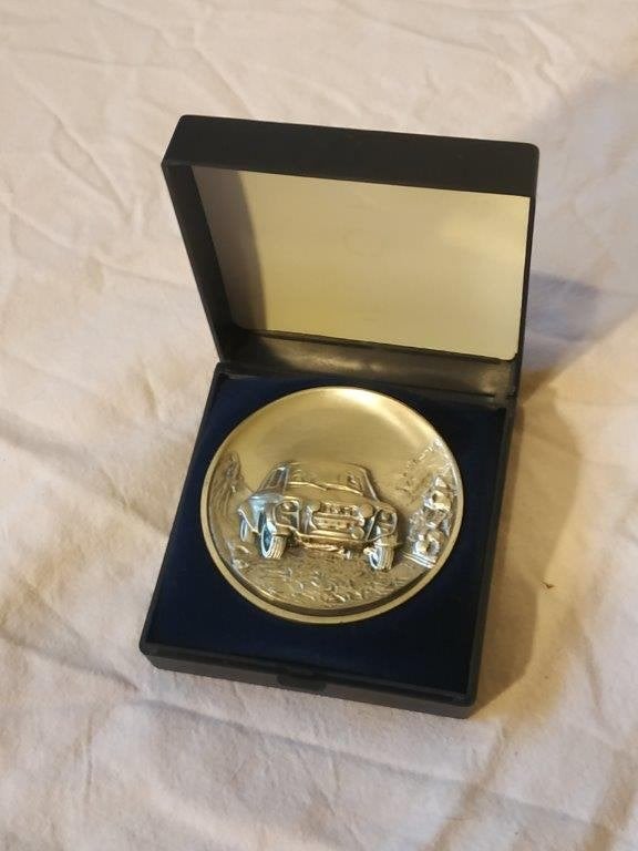 1e prijs zilveren medaille jubileum race rally auto (+- 1970, Ophalen of Verzenden, Zilver, Buitenland