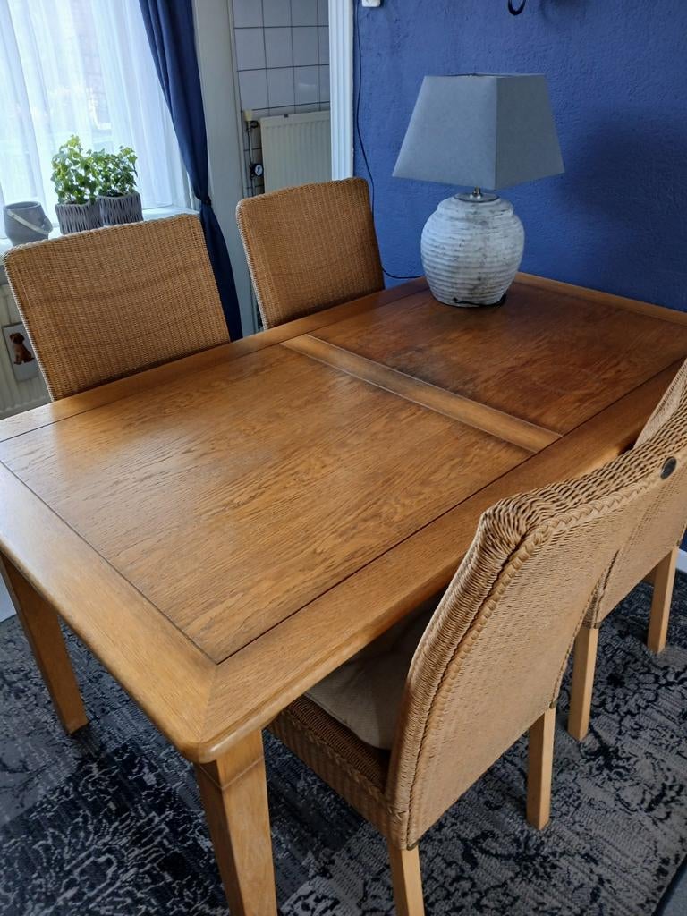 Eiken eettafel met 4 loom stoelen - 160x90 cm, Gebruikt, 150 tot 200 cm, Rechthoekig, 50 tot 100 cm