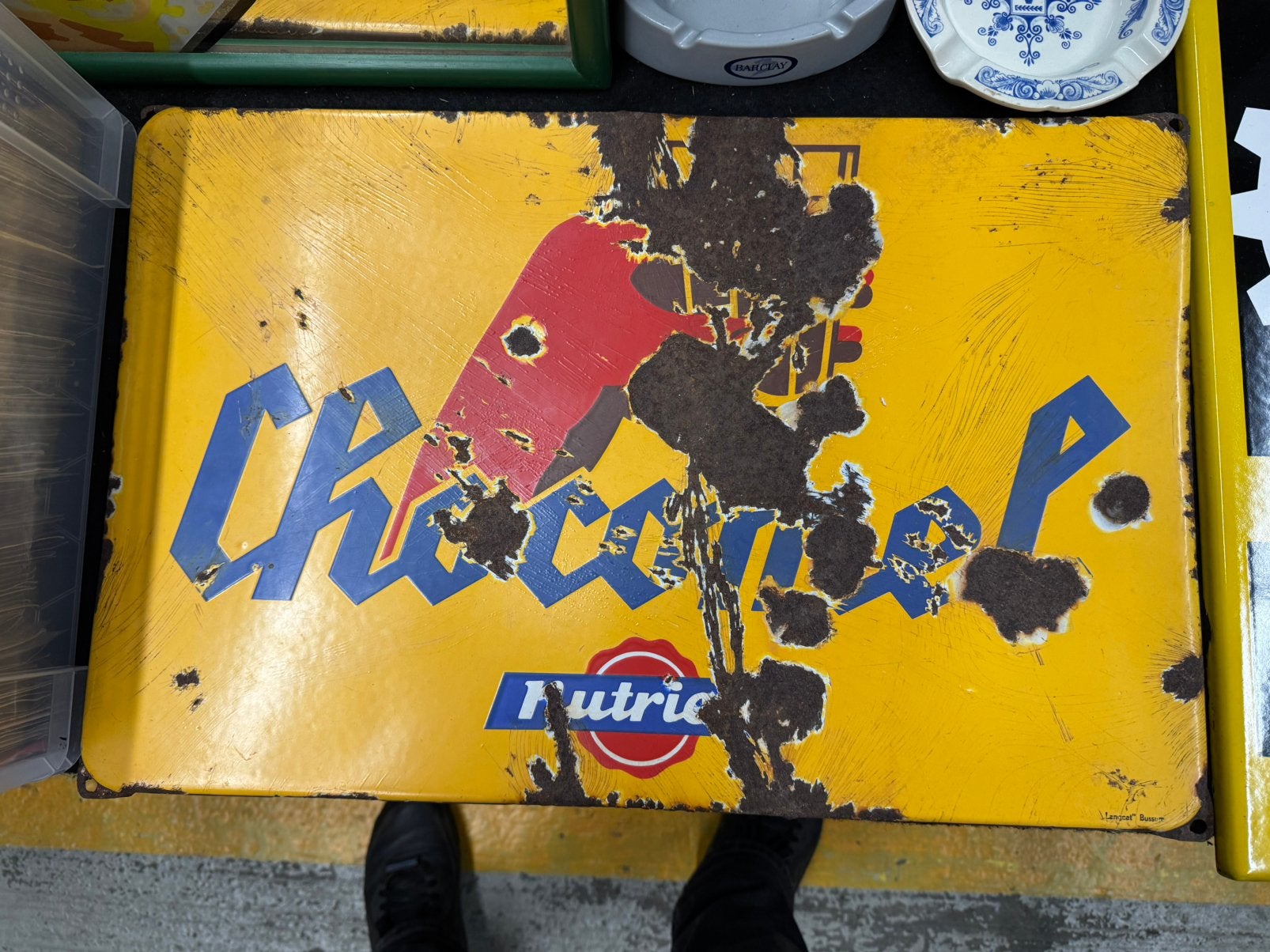 Geleefd emaille bord Nutricia Chocomel Langcat Bussum, Ophalen, Gebruikt, Reclamebord