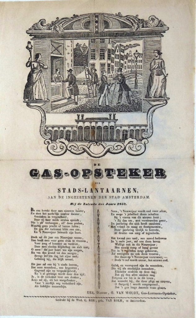 "Gas Opsteker der Stads Lantaarnen-bij de Intrede des Jaars", Ophalen, Dagelijks leven, 1800 - 1899, Houtsnede