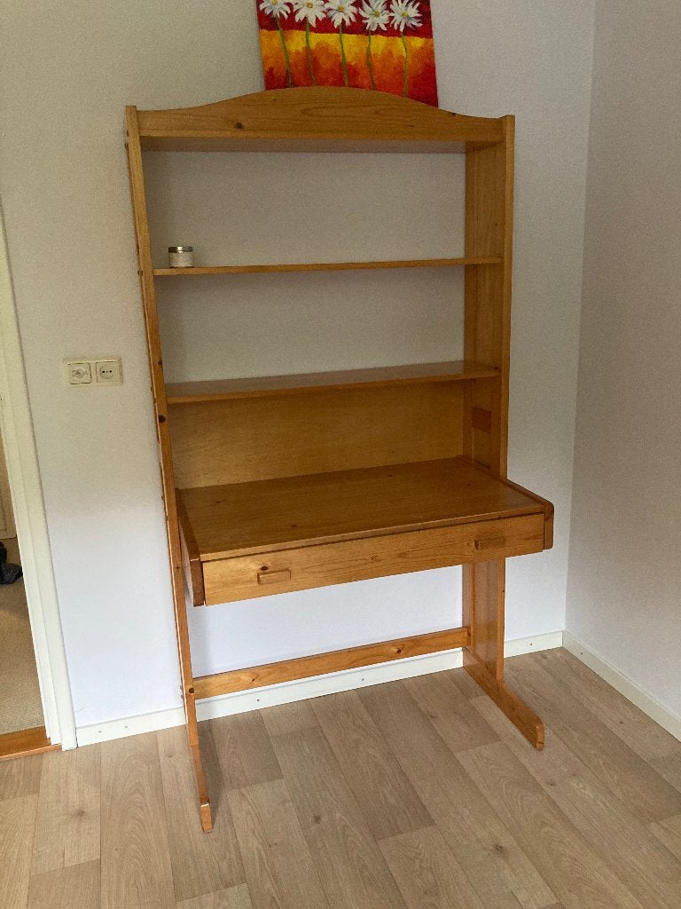 Grenen bureau met lade en boekenplanken, Huis en Inrichting, Ophalen, Gebruikt, Hout, Bruin