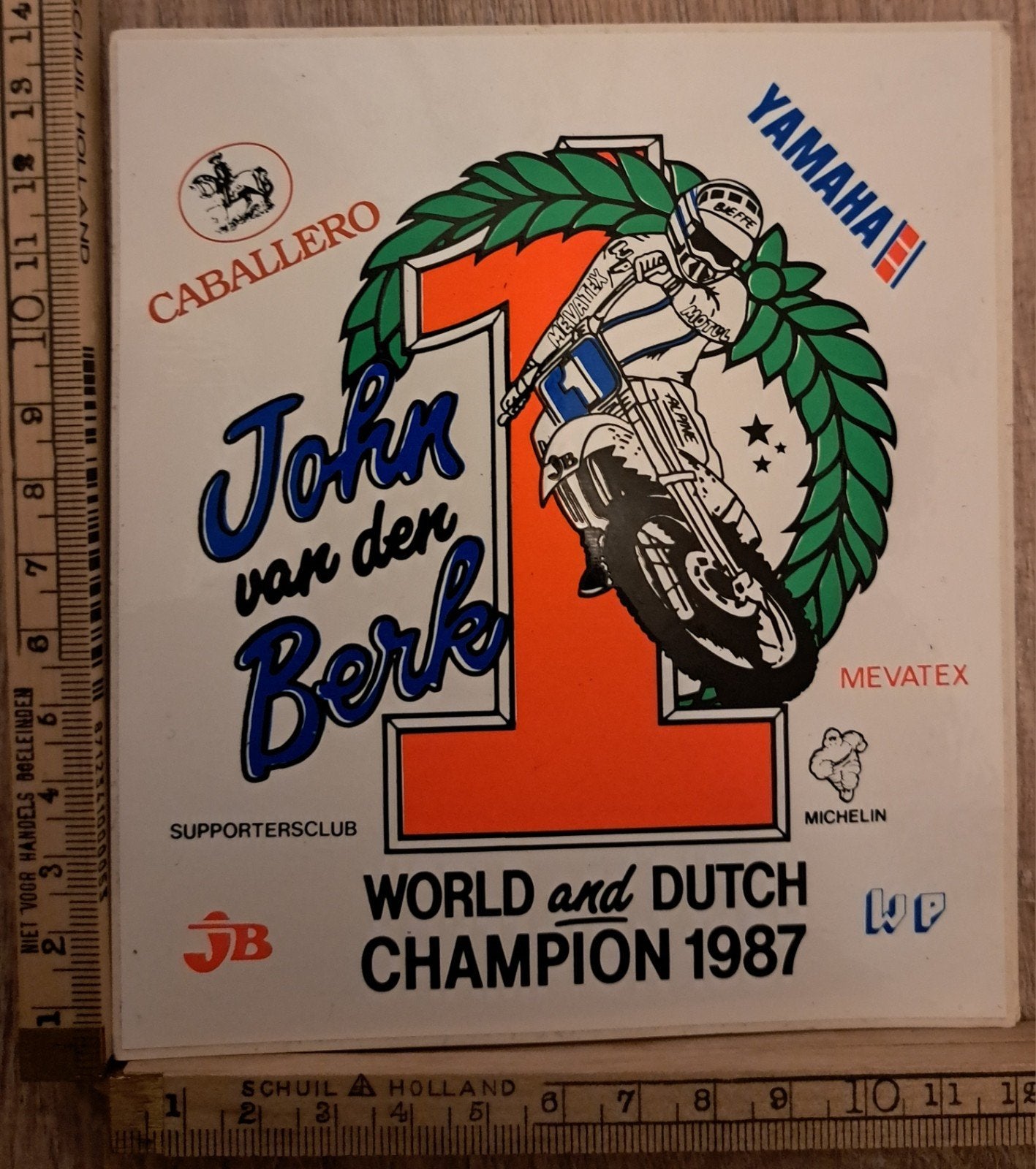 Vintage sticker John vd Berk motorcross Worldchampion 1987, Ophalen of Verzenden, Zo goed als nieuw, Auto of Motor