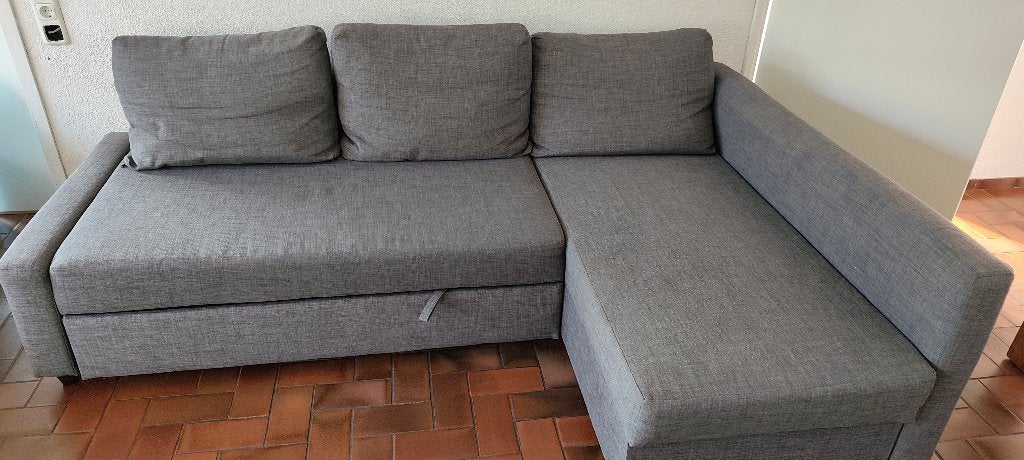 FRIHETEN Hoekslaapbank met opberger, Skiftebo donkergrijs, Huis en Inrichting, Ophalen, 210 cm, Tweepersoons, Grijs