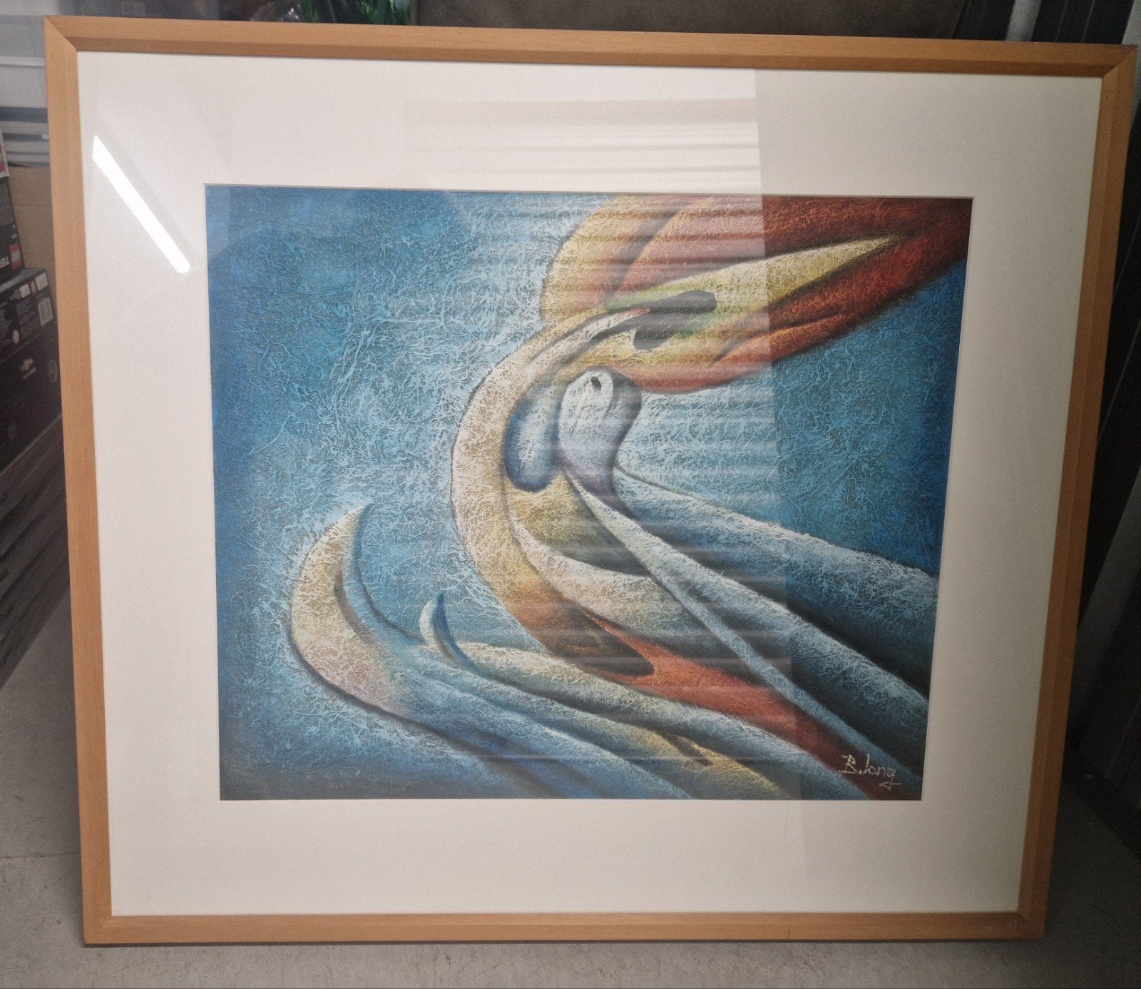 Abstract kunstwerk in lijst, gesigneerd B. Long, Ophalen