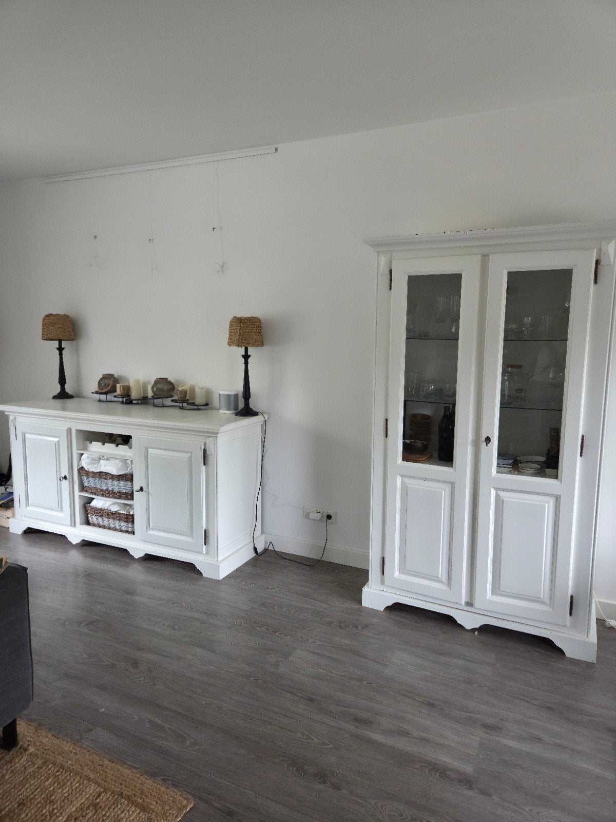 Witte eiken buffetkast/vitrinekast en dressoir meubelset, Ophalen, Glas, 150 tot 200 cm, Landelijke/Klassieke stijl