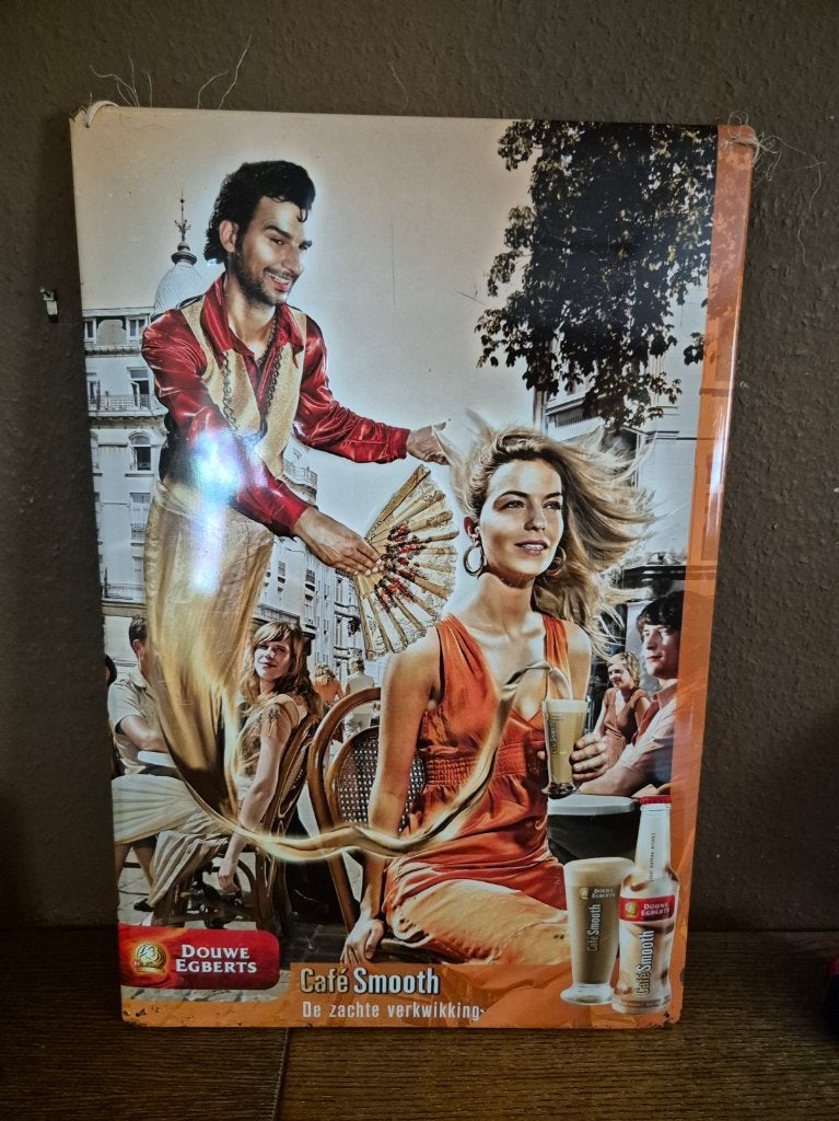 Vintage metalen Bord Douwe Egberts Cafe Smooth, Ophalen of Verzenden, Gebruikt, Reclamebord