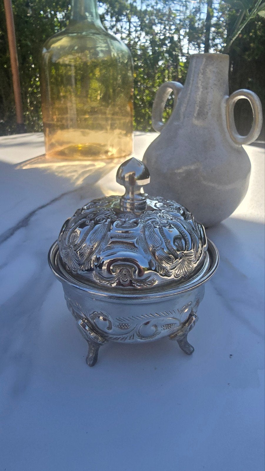 Decoratieve zilverkleurige schaal met deksel, Ophalen of Verzenden