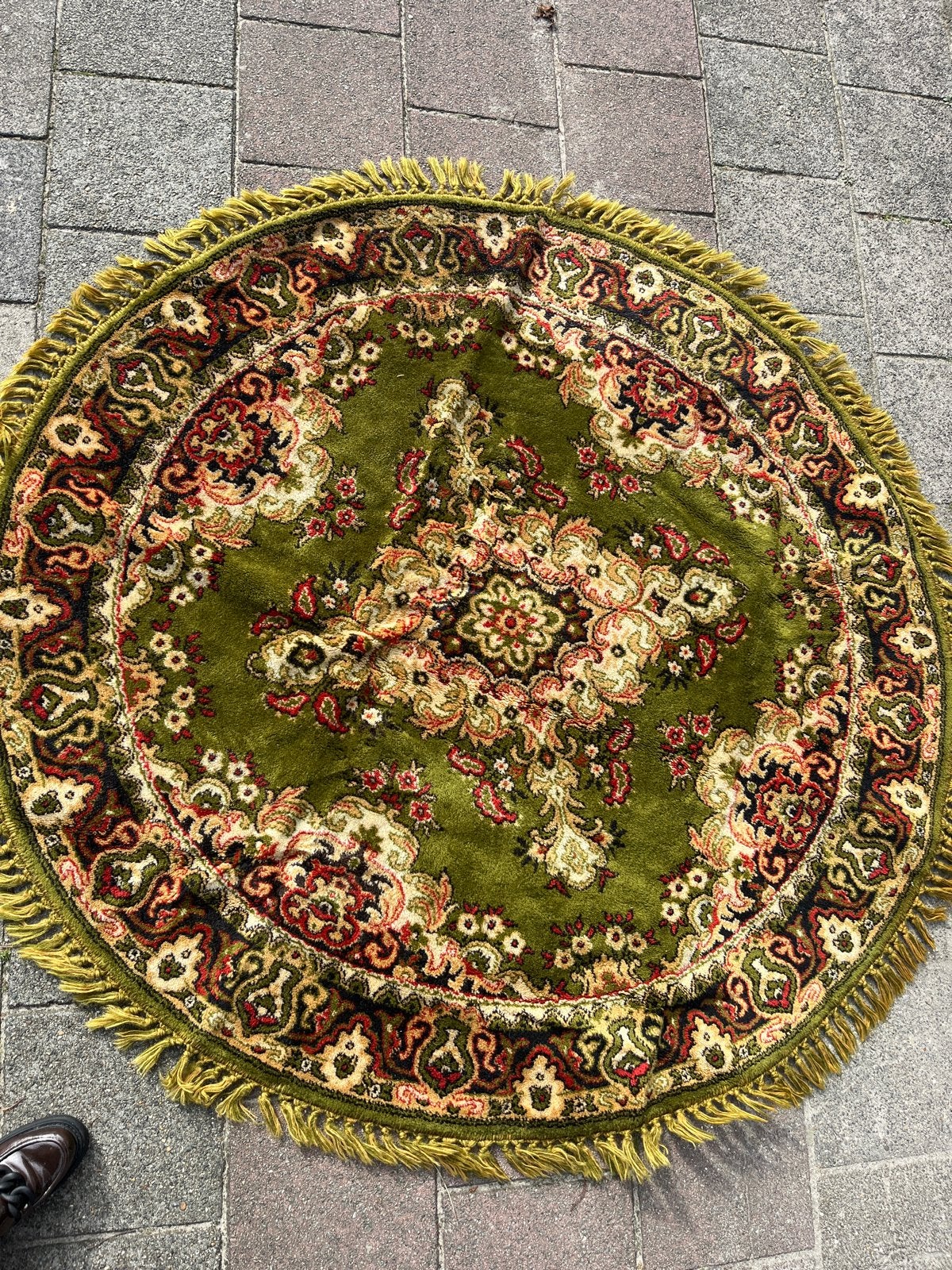 Vintage Rond Wollen yordesTafelkleed - Groen met Franjes, Gebruikt, 100 tot 150 cm, Rond, Ophalen of Verzenden
