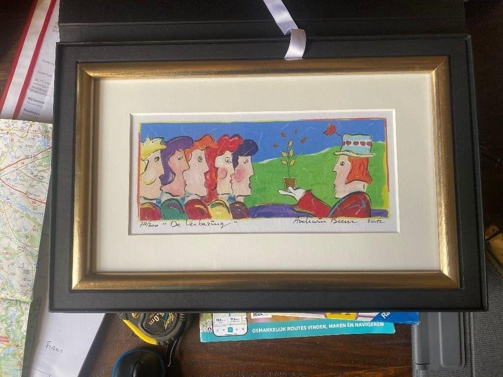 zeefdruk Aschwin Breur, titel de Verbazing., Antiek en Kunst, Personages en Fantasiefiguren, Zeefdruk, Ingelijst, Ophalen of Verzenden