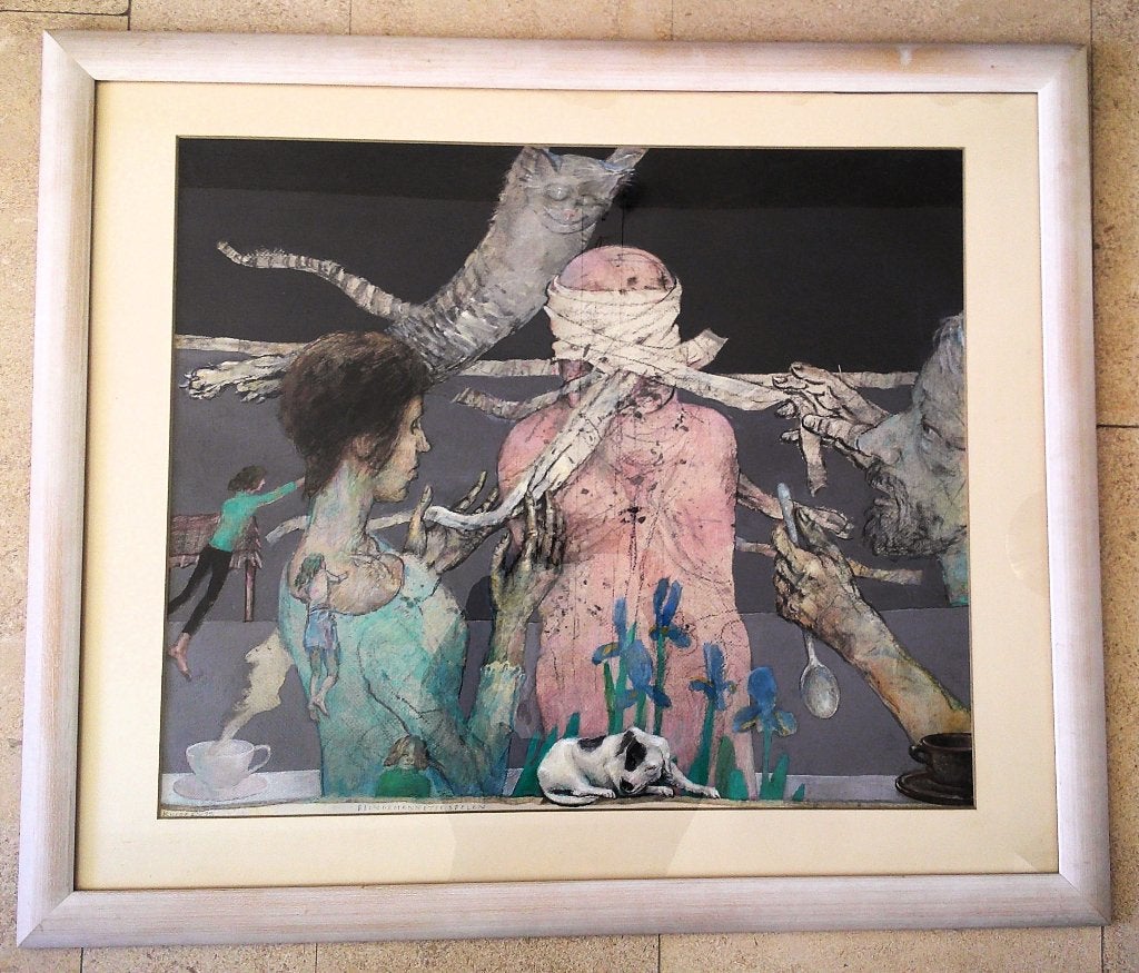 "Blindemannetje spelen" '79 - Jan Houwe Kuiper 1928-2017, Antiek en Kunst, Ophalen, Gouache, Portret of Personen, Bijzondere lijst
