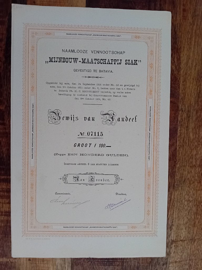 Aandeel Mijnbouw-Maatschappij SIAK - Batavis - 1901, Ophalen of Verzenden, Voor 1920, Aandeel