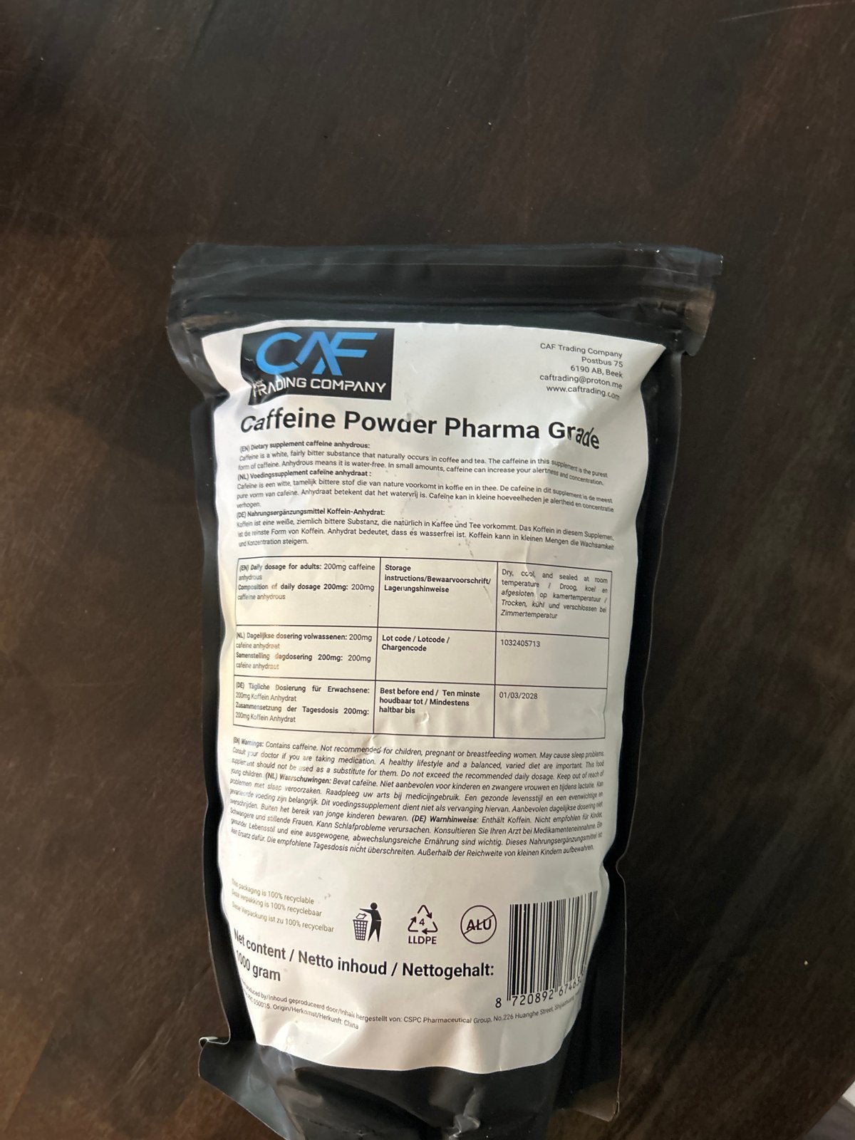 Ongeopende CAF Cafeïne Poeder Pharma Grade 500g, Ophalen of Verzenden, Nieuw, Poeder of Drank