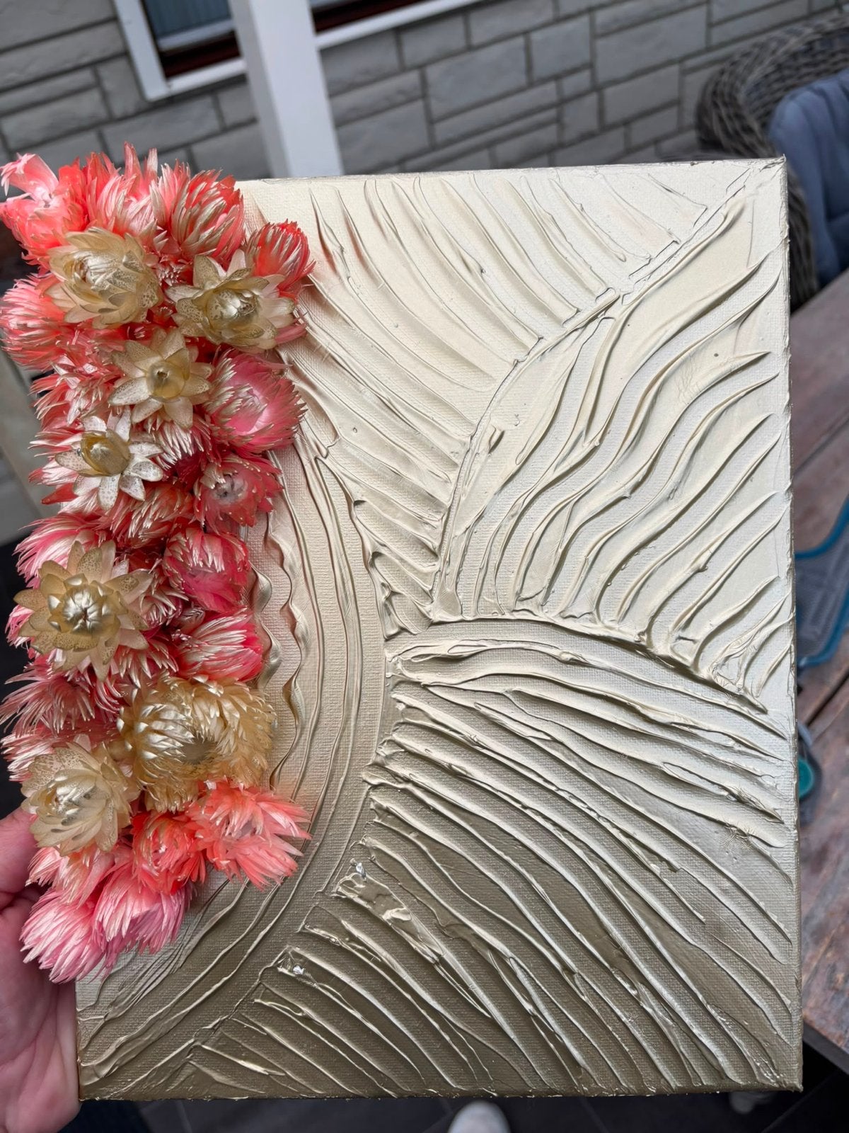 Uniek Schilderij met Gedroogde Bloemen en Textuur, 3D-effect, Ophalen of Verzenden, Gemengde techniek, Overige materialen