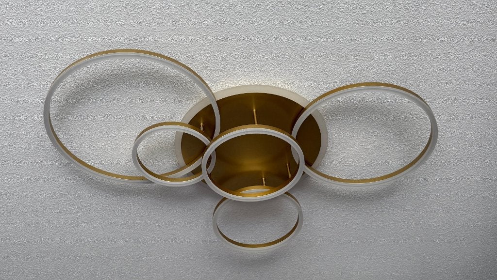 Plafonnière / plafondlamp cirkels/ ringen - dimbaar - goud, Ophalen, Zo goed als nieuw