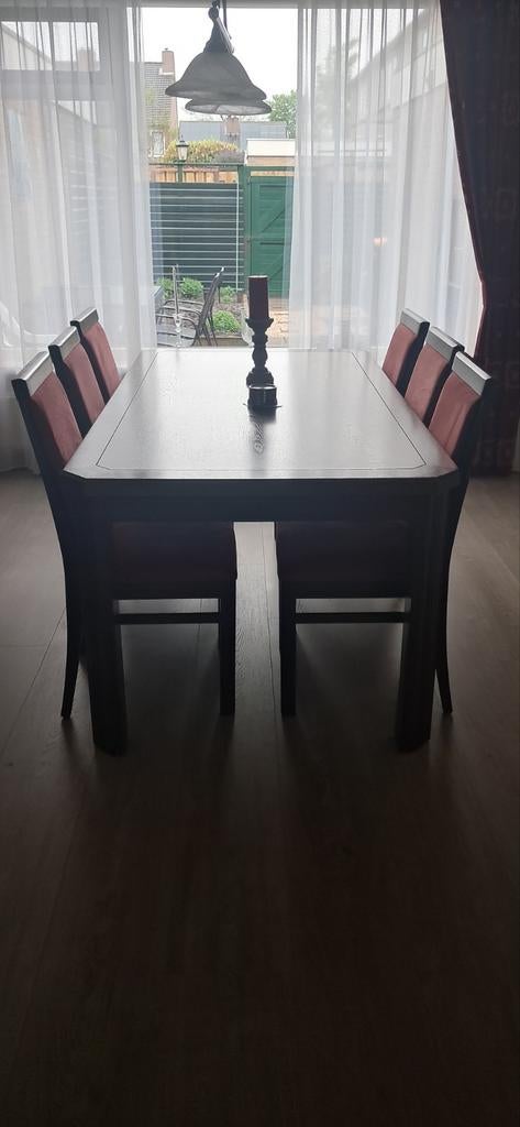 Eikenhouten eettafel met 6 rode fluwelen stoelen, Ophalen of Verzenden, Gebruikt
